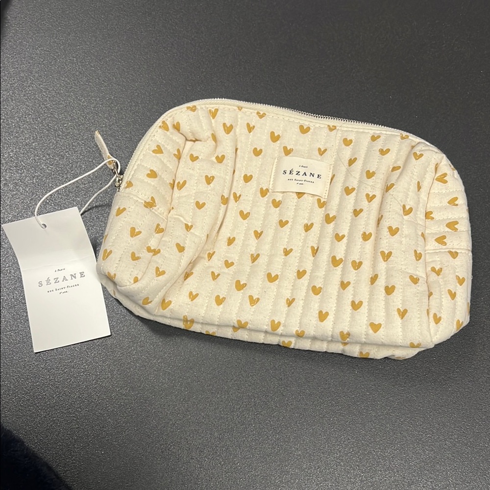 Sézane Cream Pouch with Gold Hearts